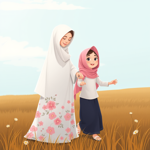 Animated Mother-Daughter Duo Playing in Islamic Attire