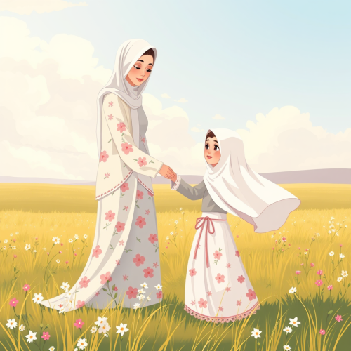 Animated Mother and Daughter in Islamic Attire Playing