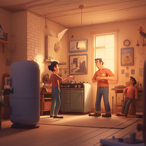 Animated characters install HVAC units in cozy home.