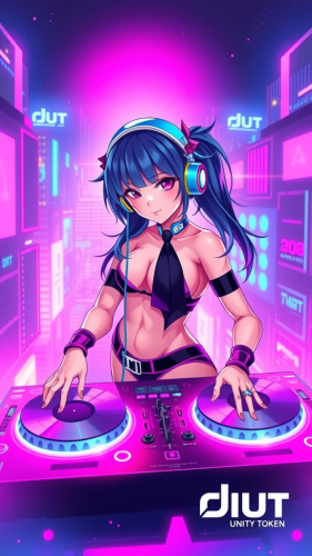 Anime DJ Girl with Neon Cyberpunk Cityscape Banner