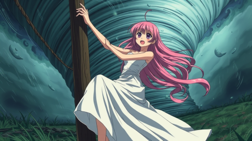 Anime Girl Clinging to Pole in Tornado