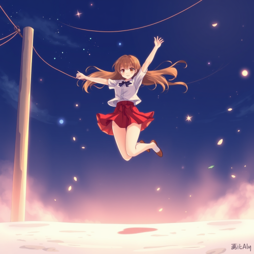 Anime Girl Jumping in Strong Wind