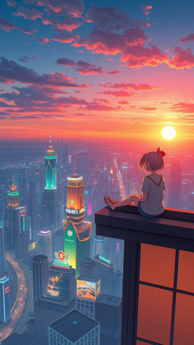 Anime Girl Watching Sunrise from Skyscraper Edge