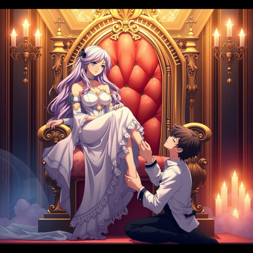 Anime Man Kissing Beautiful Woman's Feet on Throne