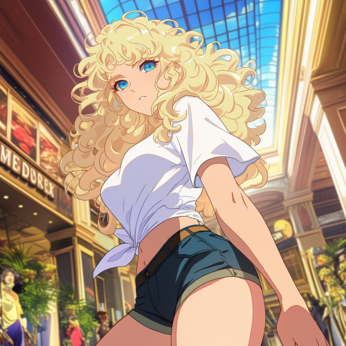 Anime Style Caucasian Woman in Mall: Dynamic Pose