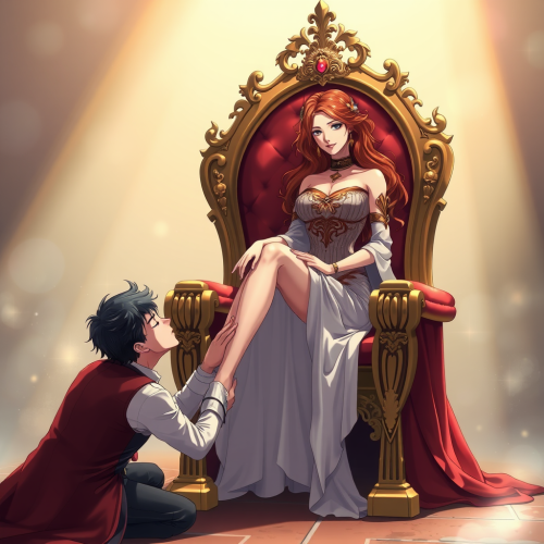 Anime Woman on Throne with Man Kissing Feet