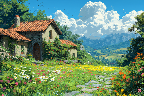 Anime community center with vibrant, fantastical landscapes and creatures.