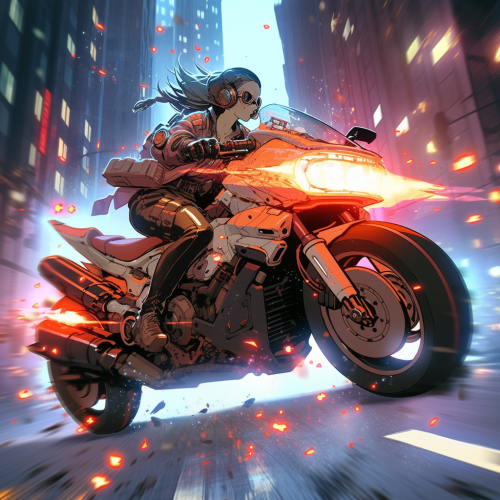 Anime cyborg girl on hover bike fleeing police in city.