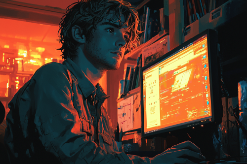 Anime style character holding computer in bright office setting.