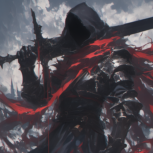 Anime style crusader with massive blade, hyperrealistic digital painting.