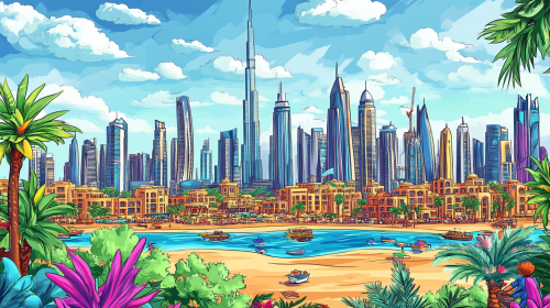 Anime style doodle art of Dubai landmarks, tourists, colors.