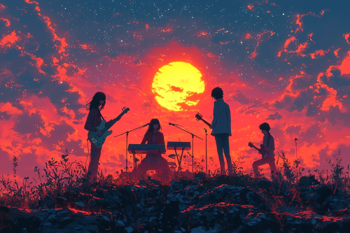Anime style drawing of people playing instruments at night.