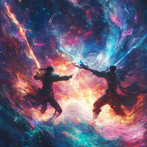 Anime-style warriors in cosmic battle among vibrant nebulae, celestial patterns, glowing constellations. Anime-style warriors in cosmic battle among vibrant nebulae, celestial patterns, glowing constellations.
