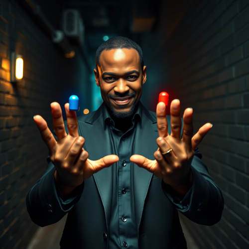 Anthony Mackie as Morpheus Offering Pills in Alley