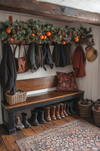 Antique farmhouse mudroom decorated for Christmas season
