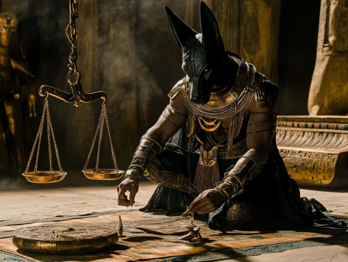 Anubis adjusting Egyptian scales next to him.