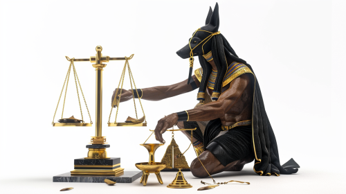 Anubis adjusting gold and black Egyptian scales.