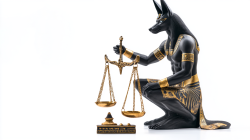 Anubis adjusts ornate Egyptian scales on white.