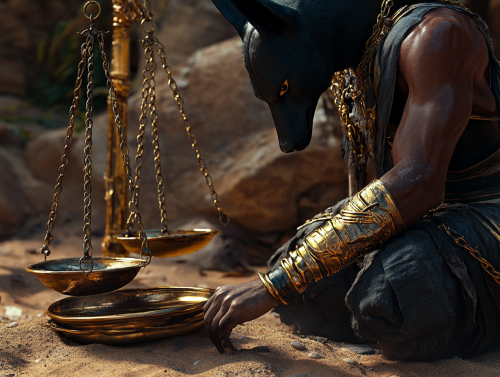 Anubis holding Egyptian scales in gold and black