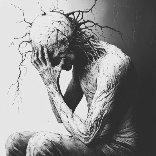 Anxiety Creature Pulling Man's Hair Up, Front View