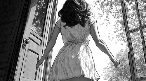 Apretty lady in a summer dress leaving building