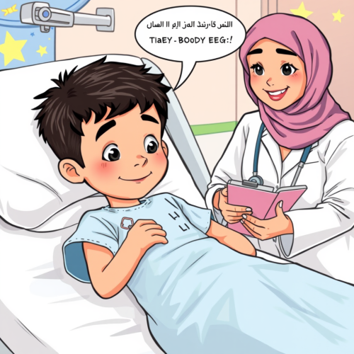 Arab Boy Receiving EEG Test in Hospital Room