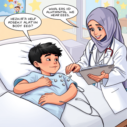 Arab Doctor Conducts EEG on Young Boy in Hospital