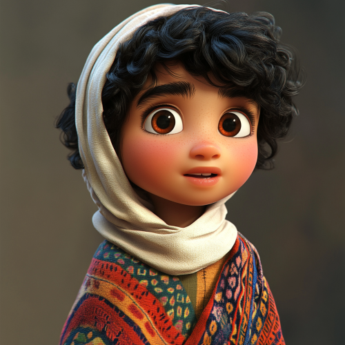 Arab boy with olive skin, curly hair, thobe, keffiyeh