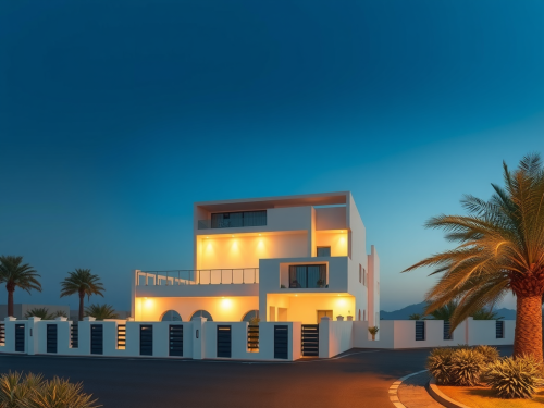 Arabian Modern Building with Human, Road, Coconut Tree