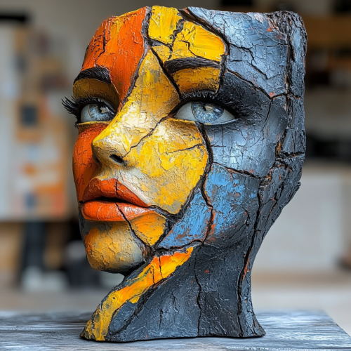 Arabian face sculpture on table with abstract texture.