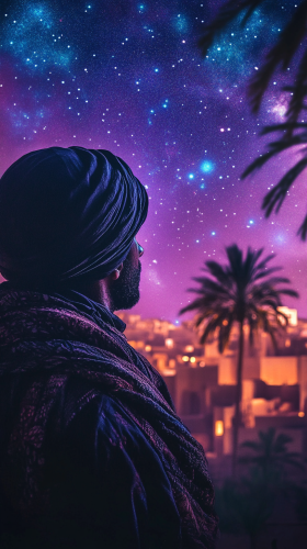 Arabian man in scarf gazes at night cityscape -ar 9:16