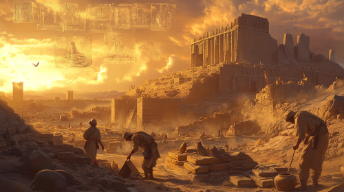 Archaeologists Excavating Ancient Mesopotamian Ruins at Sunset Archaeologists Excavating Ancient Mesopotamian Ruins at Sunset