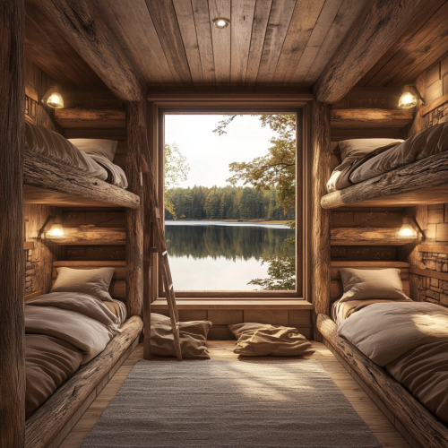 Architectural design of cabin with lake view, cozy beds. Architectural design of cabin with lake view, cozy beds.