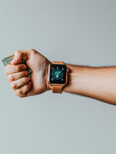 Arm with money, apple watch.