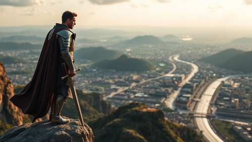 Armored Man Overlooking City from Cliff