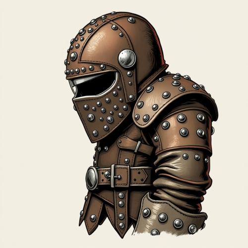 Armored warrior in studded leather strikes pose.