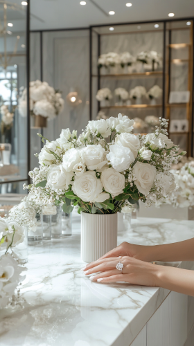 Arranging flowers in fancy boutique with wedding rings on