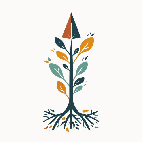 Arrow emerges from flourishing roots in nature-themed logo.