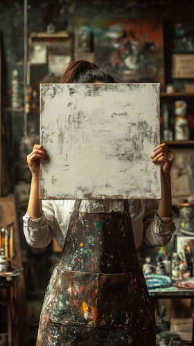 Artist holding canvas with paint, face hidden