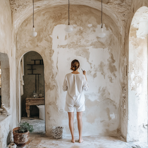 Artist painting on wall, girl with white attire admire