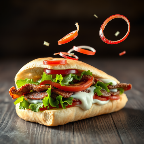 Artistic Ad of a Flying Doner Kebab Sandwich
