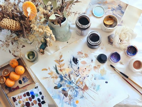 Artistic Workspace with Natural Elements and Supplies Artistic Workspace with Natural Elements and Supplies
