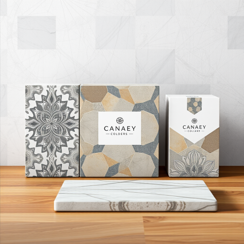 Artistic packaging for durable ceramic tiles, eco-friendly materials.