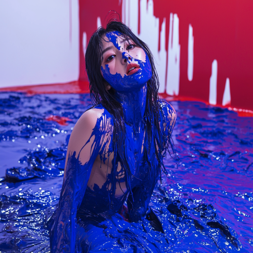Artistic photoshoot of Chinese model in Klein blue liquid.