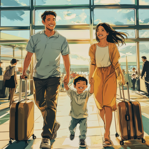 Asia Family Traveling Airport Boarding Gate Scene