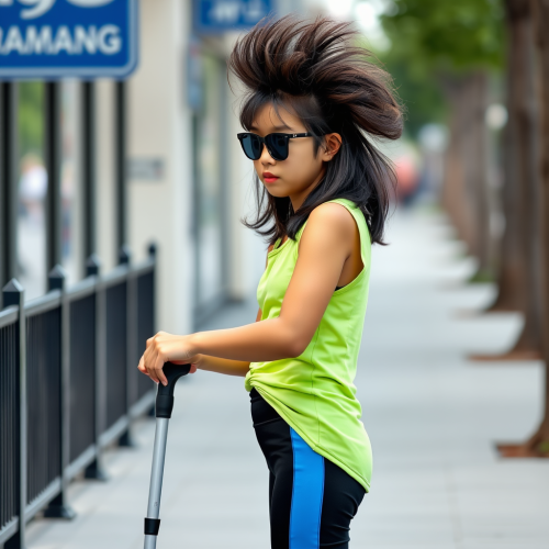 Asian Girl with Big Hair Walks with White Cane