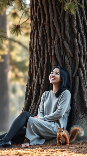 Asian Lady Conversation with Pine Tree in Fantasy World