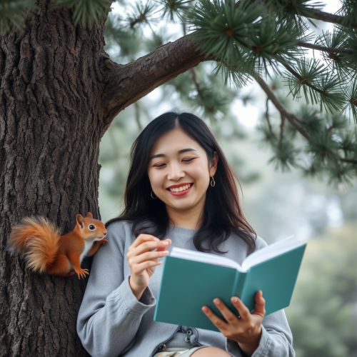 Asian Lady Enjoys Reading Under Pine Tree