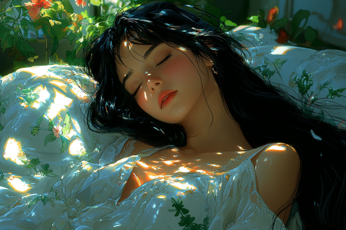 Asian girl with black hair, can't sleep in bed.