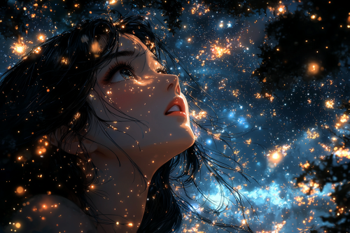 Asian girl with black hair staring at night sky. Asian girl with black hair staring at night sky.